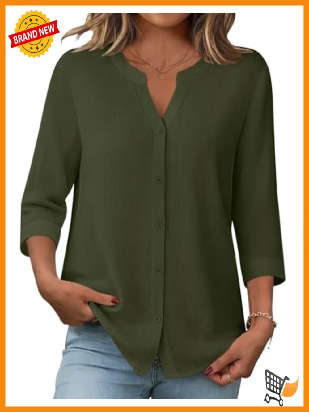 Women's 3/4 Sleeve Button Down Blouse Cotton Linen V Neck Tunic Work Top